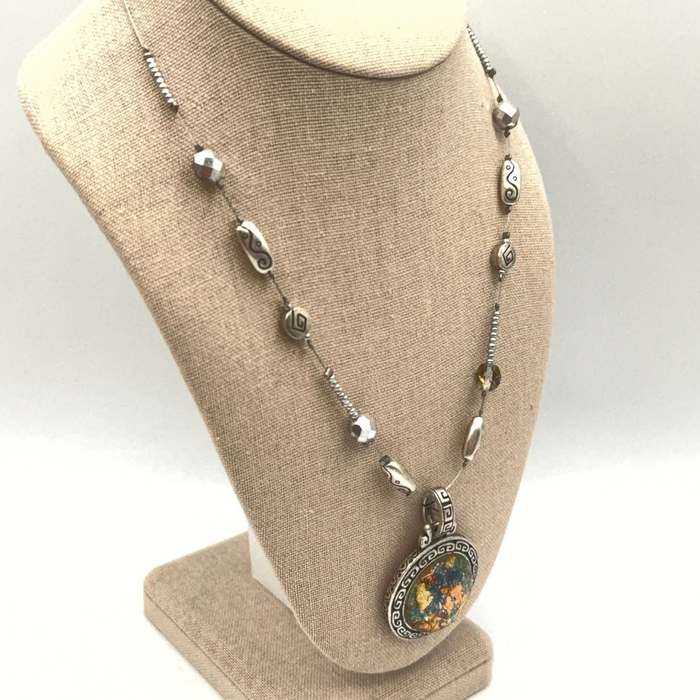 Chico's Pendant Necklace Silver Tone Multicolor Mosaic Foil Earthy Boho Artsy - Picture 4 of 13